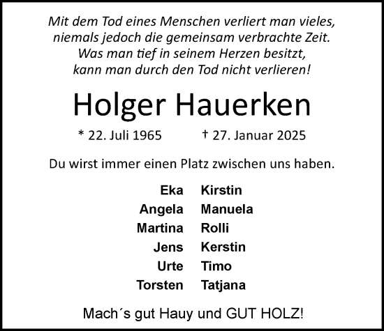Traueranzeige von Holger Hauerken von Nordwest-Zeitung