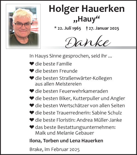 Traueranzeige von Holger Hauerken von Nordwest-Zeitung