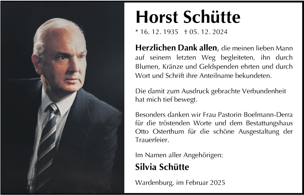  Traueranzeige für Horst Schütte vom 01.02.2025 aus Nordwest-Zeitung