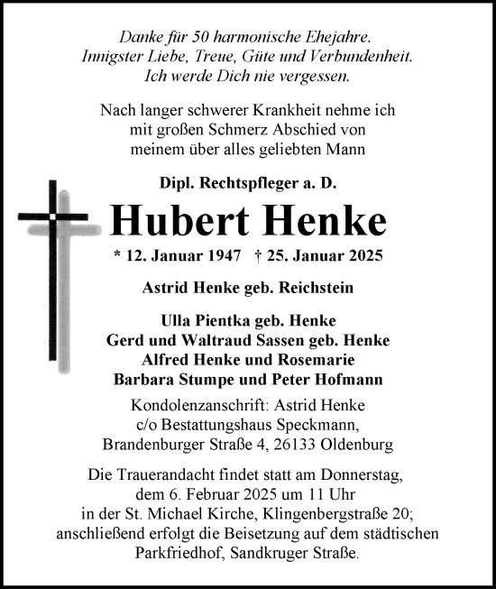 Traueranzeige von Hubert Henke von Nordwest-Zeitung