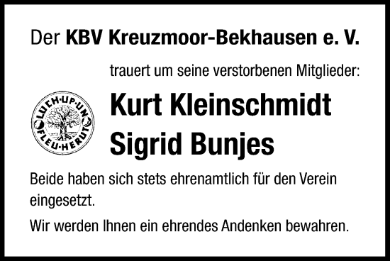 Traueranzeige von Im Gedenken 2024 KBV Kreuzmoor-Bekhausen e. V. von Nordwest-Zeitung