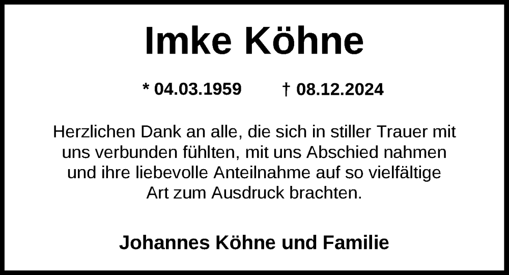  Traueranzeige für Imke Köhne vom 13.02.2025 aus Nordwest-Zeitung