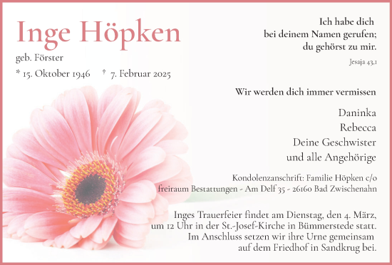 Traueranzeige von Inge Höpken von Nordwest-Zeitung