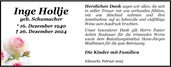 Traueranzeige von Inge Hollje von Nordwest-Zeitung