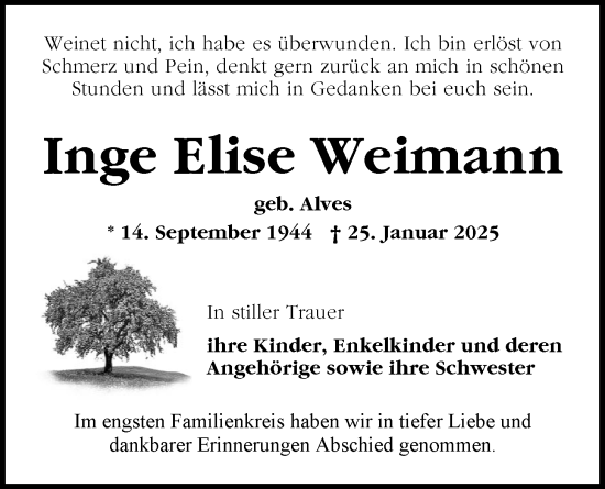 Traueranzeige von Inge Elise Weimann von Nordwest-Zeitung