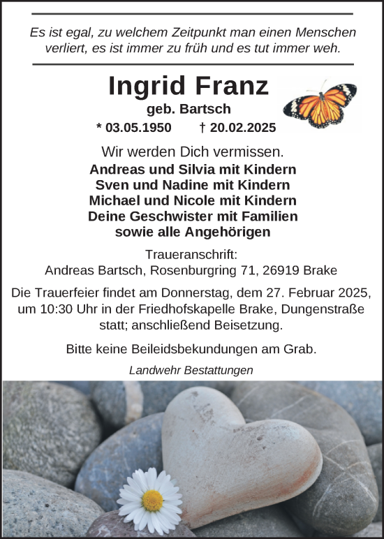 Traueranzeige von Ingrid Franz von Nordwest-Zeitung