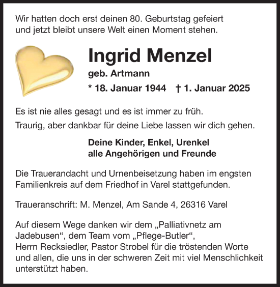 Traueranzeige von Ingrid Menzel von Nordwest-Zeitung