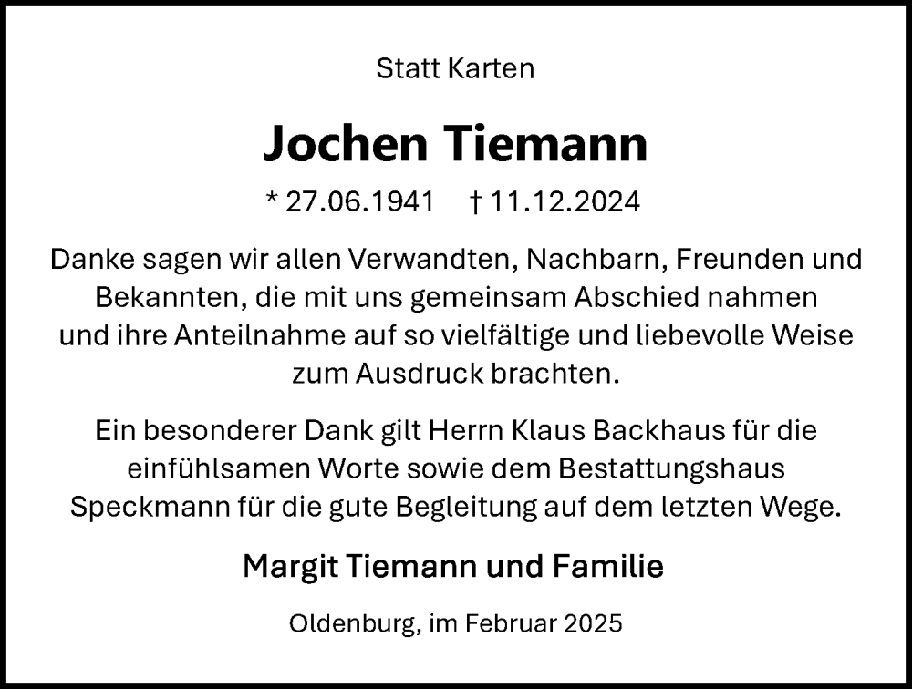  Traueranzeige für Jochen Tiemann vom 08.02.2025 aus Nordwest-Zeitung