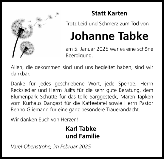 Traueranzeige von Johanne Tabke von Nordwest-Zeitung