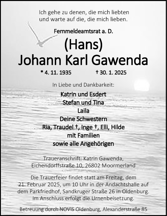 Traueranzeige von Johann Karl Gawenda von Nordwest-Zeitung