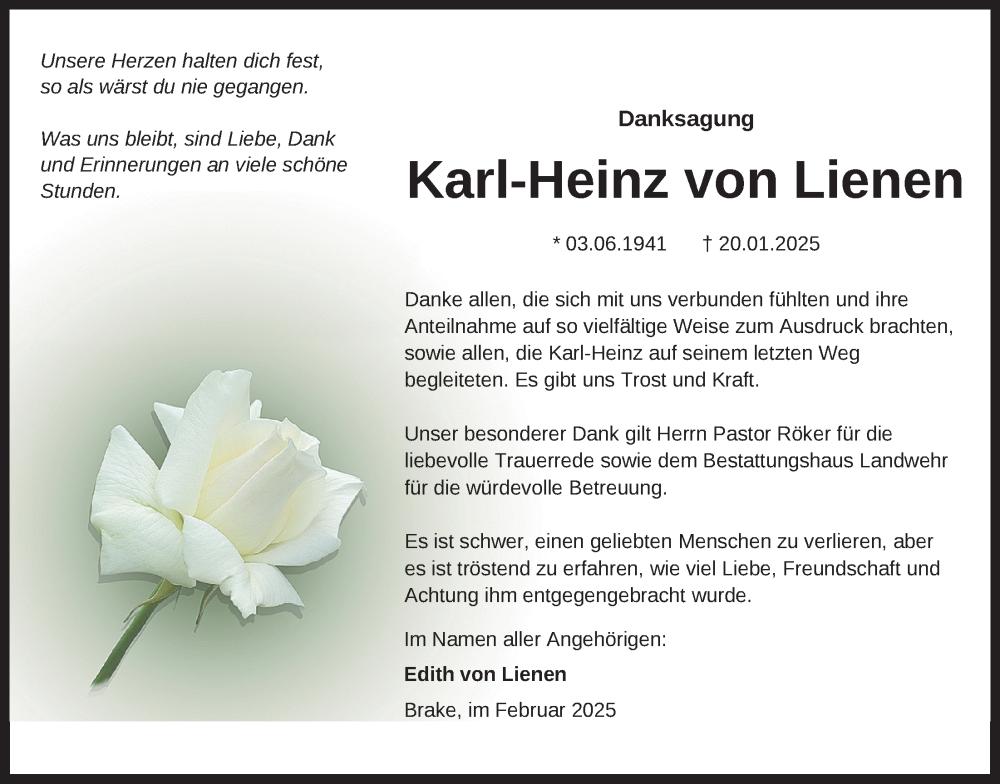  Traueranzeige für Karl-Heinz von Lienen vom 28.02.2025 aus Nordwest-Zeitung