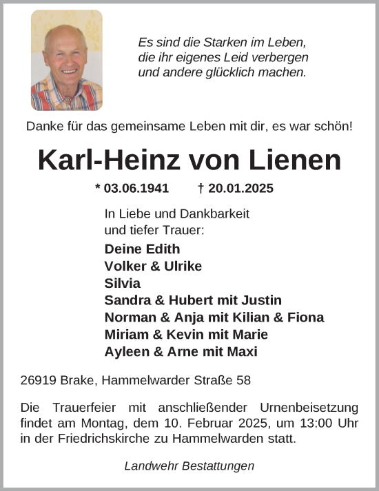Traueranzeige von Karl-Heinz von Lienen von Nordwest-Zeitung