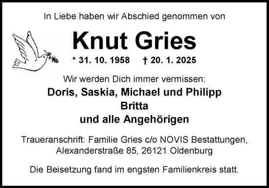 Traueranzeige von Knut Gries von Nordwest-Zeitung