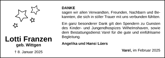 Traueranzeige von Lotti Franzen von Nordwest-Zeitung