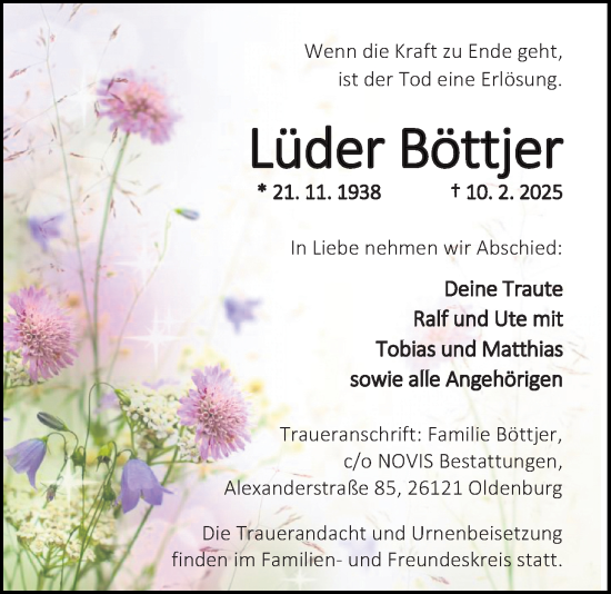 Traueranzeige von Lüder Böttjer von Nordwest-Zeitung