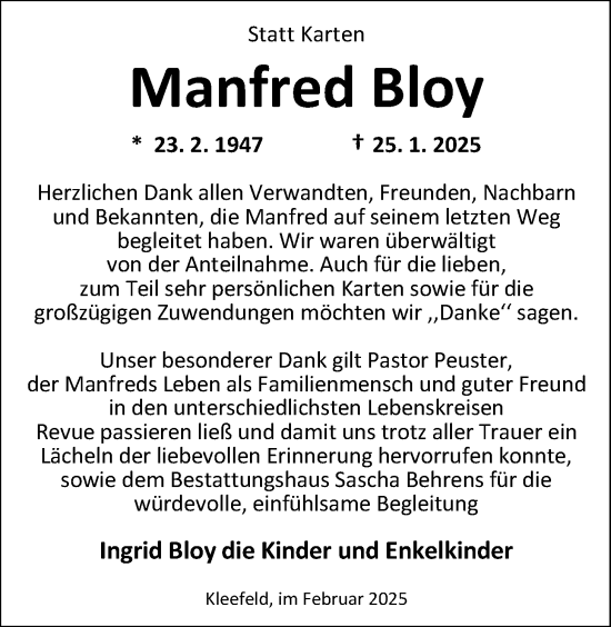 Traueranzeige von Manfred Bloy von Nordwest-Zeitung