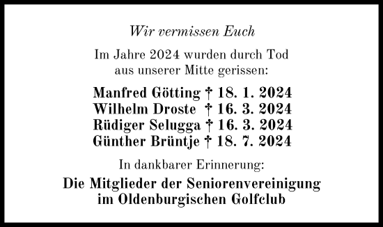 Traueranzeige von Manfred Götting von Nordwest-Zeitung