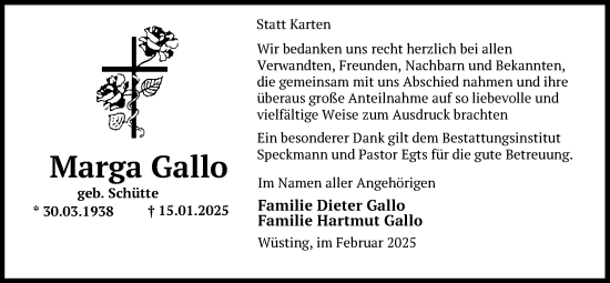 Traueranzeige von Marga Gallo von Nordwest-Zeitung