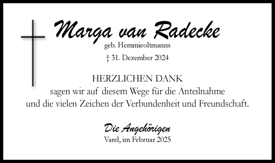 Traueranzeige von Marga van Radecke von Nordwest-Zeitung