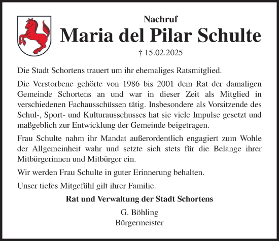 Traueranzeige von Maria del Pilar Schulte von WZ/JW/AH