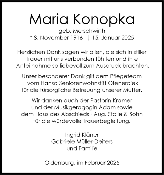 Traueranzeige von Maria Konopka von Nordwest-Zeitung