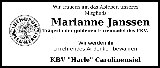Traueranzeige von Marianne Janssen von WZ/JW/AH