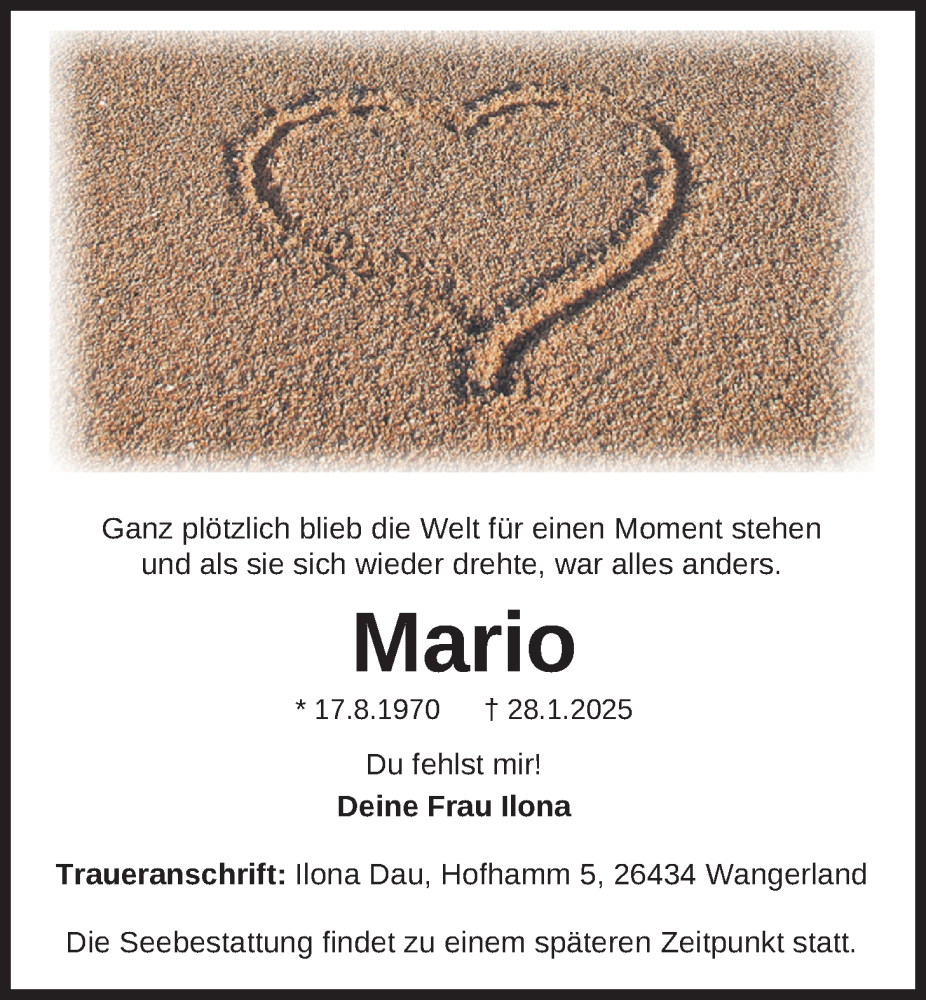  Traueranzeige für Mario Dau vom 01.02.2025 aus WZ/JW/AH