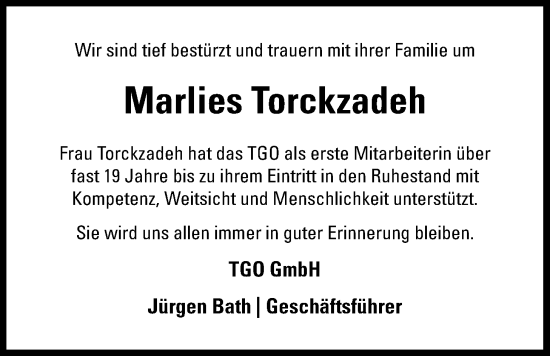 Traueranzeige von Marlies Torckzadeh von Nordwest-Zeitung