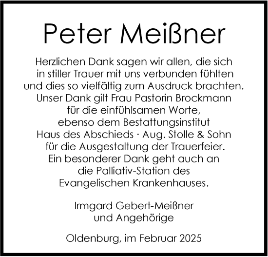 Traueranzeige von Peter Meißner von Nordwest-Zeitung
