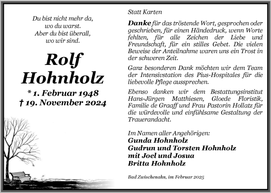 Traueranzeige von Rolf Hohnholz von Nordwest-Zeitung