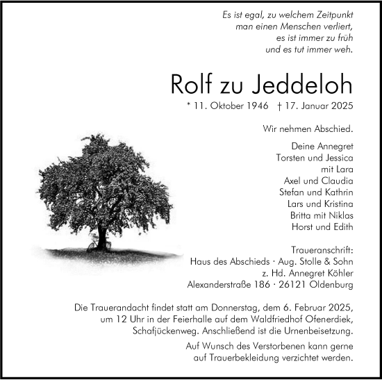 Traueranzeige von Rolf zu Jeddeloh von Nordwest-Zeitung