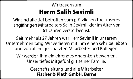 Traueranzeige von Salih Sevimli von Nordwest-Zeitung