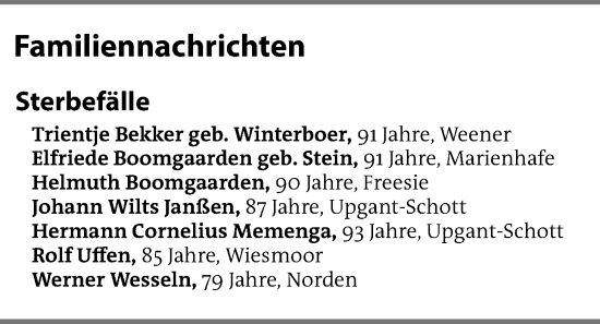 Traueranzeige von Sterbetafel vom 05.02.2025 von Emder Zeitung