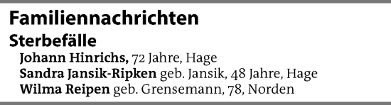 Traueranzeige von Sterbetafel vom 13.02.2025 von Emder Zeitung