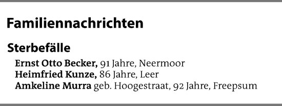 Traueranzeige von Sterbetafel vom 14.02.2025 von Emder Zeitung