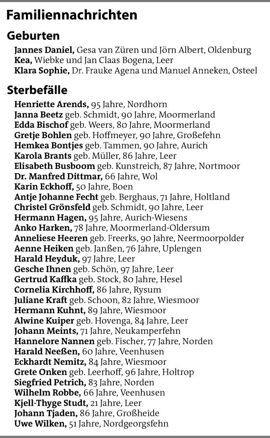 Traueranzeige von Sterbetafel vom 18.02.2025 von Emder Zeitung
