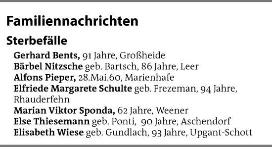 Traueranzeige von Sterbetafel vom 19.02.2025 von Emder Zeitung