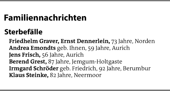 Traueranzeige von Sterbetafel vom 20.02.2025 von Emder Zeitung