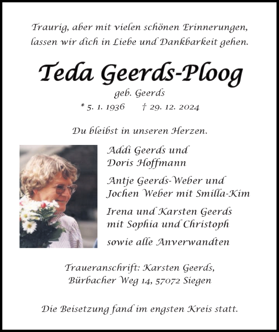 Traueranzeige von Teda Geerds-Ploog von Nordwest-Zeitung