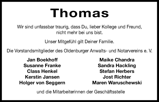 Traueranzeige von Thomas Tumbrägel von Nordwest-Zeitung