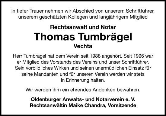 Traueranzeige von Thomas Tumbrägel von Nordwest-Zeitung