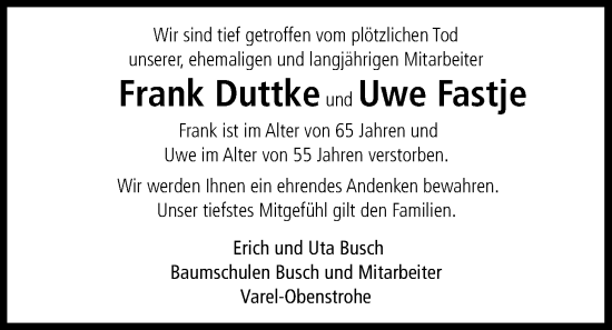 Traueranzeige von Uwe Fastje von Nordwest-Zeitung