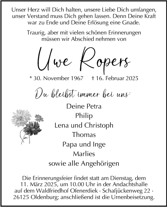 Traueranzeige von Uwe Ropers von Nordwest-Zeitung