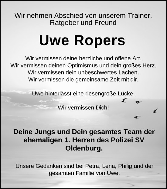 Traueranzeige von Uwe Ropers von Nordwest-Zeitung