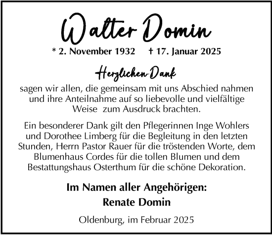 Traueranzeige von Walter Domin von Nordwest-Zeitung