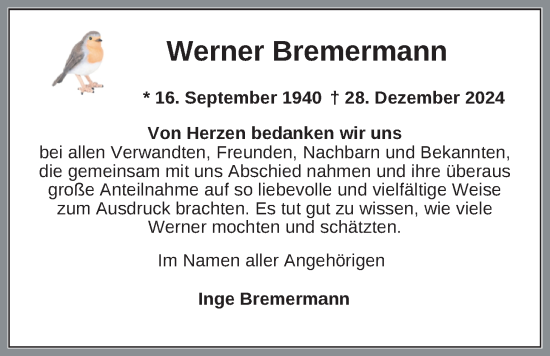 Traueranzeige von Werner Bremermann von Nordwest-Zeitung