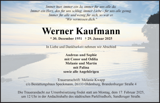 Traueranzeige von Werner Kaufmann von Nordwest-Zeitung