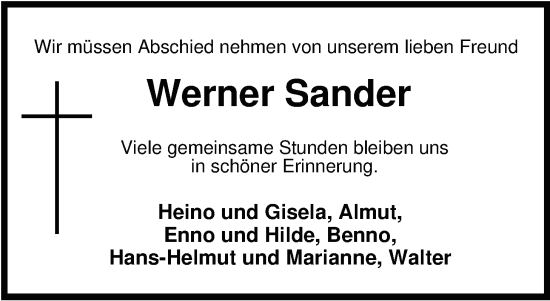Traueranzeige von Werner Sander von Nordwest-Zeitung