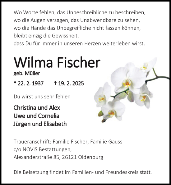 Traueranzeige von Wilma Fischer von Nordwest-Zeitung
