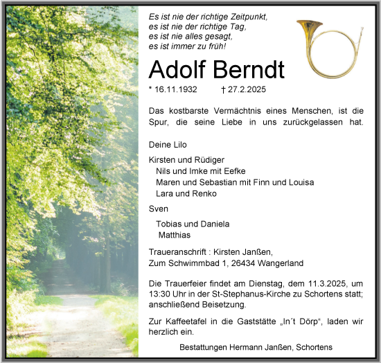 Traueranzeige von Adolf Berndt von WZ/JW/AH